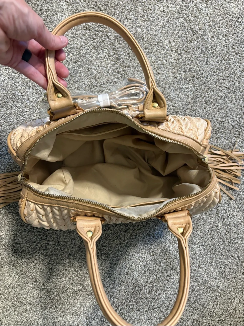Cream Braided Satchel Handbag with Tan Trim